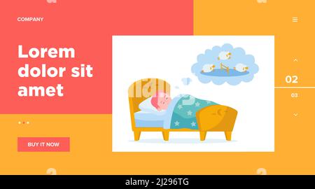 Kleiner Junge liegt im Bett und zählt Schafe. Traum, Kind, schlafen flach Vektor-Illustration. Lifestyle- und Kindheitskonzept für Banner, Website-Design Stock Vektor