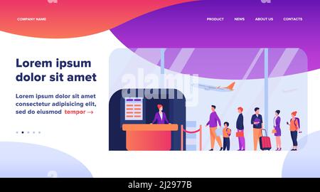 Vektorgrafik für Warteschlangen am Flughafen. Schlange von Touristen, die am Check-in-Schalter stehen. Fluggäste, die im Abflugbereich auf das Einsteigen in das Flugzeug warten Stock Vektor