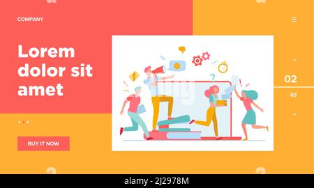 Wütender Chef mit Megaphon, das Mitarbeiter anruft, weil die Frist nicht eingehalten wurde. Büroangestellte laufen in Chaos, Panik und Eile. Vektorgrafik für Überwund Stock Vektor