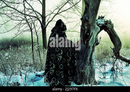 Der Zauberer im mittelalterlichen Mantel begrüßt einen frühen nebligen Wintermorgen. Stockfoto