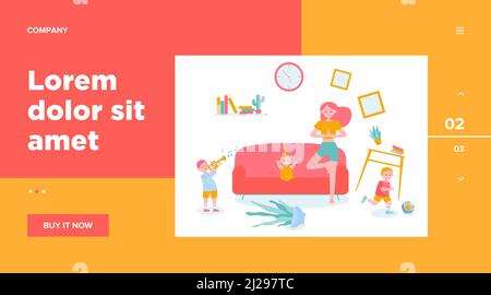Ruhige Mutter macht Yoga unter frechen Kindern. Kinder machen Chaos, während Mama zu Hause meditiert. Vektor-Illustration für Mutterschaft, Kindheit, Stress r Stock Vektor
