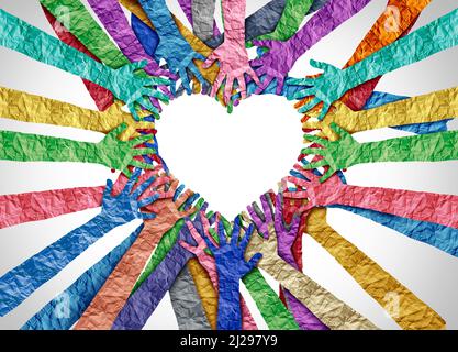 Vereinte Vielfalt und Einheit Partnerschaft als Herzenshände in einer Gruppe von verschiedenen Menschen miteinander verbunden geformt als Unterstützung Symbol zum Ausdruck gebracht. Stockfoto
