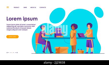 Kinder, die Cyborg im Robotikunterricht vorführen. Kinder zeigen Roboter Lehrer. Vektor-Illustration für Bildung, Robotertechnik, Schulprojekt Stock Vektor