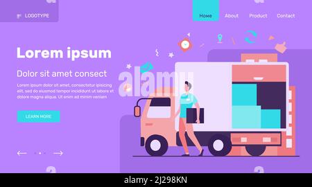 Kurier mit LKW, der Auftrag liefert. Mann, der Kasten vom Transport LKW mit anderen Paketen trägt. Vektor-Illustration für Lieferservice, Transport, lo Stock Vektor