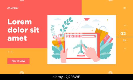 Kunde kauft Flugtickets online. Vektorgrafik: Reisen, Bildschirm, Flug flach. E-Commerce und digitale Technologiekonzept für Banner, Websit Stock Vektor