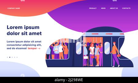 Viele Pendler, die mit der U-Bahn fahren. U-Bahn-Passagiere stehen in überfüllten U-Bahn-Wagen. Vektor-Illustration für den öffentlichen Verkehr, commu Stock Vektor