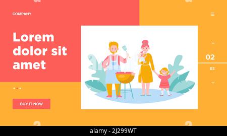 Familie mit Kindern Grillen Grillfleisch im Freien. Picknick, Kinder, Eltern flache Vektor-Illustration. Freizeit, Sommer, Food-Konzept für Banner, websi Stock Vektor