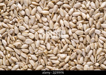 Geschälte Sonnenblumenkerne Text. Nahaufnahme von geschälten Sonnenblumenkernen. Draufsicht. Stockfoto