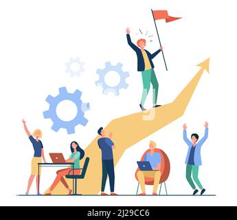 Business Leader steht auf Pfeil und hält Flach Vektor-Illustration. Cartoon Menschen Ausbildung und tun Business-Plan. Führung, Sieg und Stock Vektor