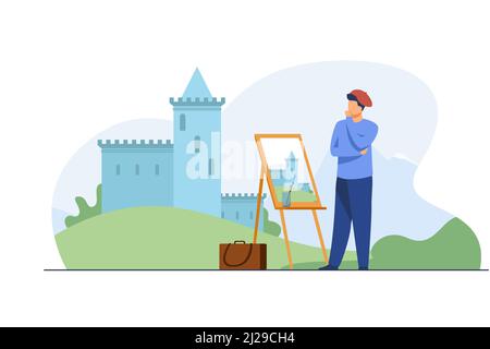 Kreative Künstler Malerei Burg. Pinsel, Landschaft, Landschaft flache Vektor-Illustration. Kunst und Kreation Konzept für Banner, Website-Design oder Landung wir Stock Vektor