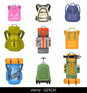 Farbenfrohes Rucksäcke-Set. Taschen für Schule, Camping, Trekking, Bergsteigen, Wandern. Flache Vektorgrafiken für touristische Ausrüstung, Rucksack, Gepäck Stock Vektor