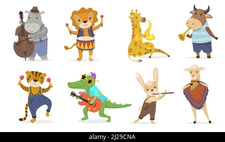 Niedliche Tiere spielen Musikinstrumente flache Illustration Set. Cartoon Krokodil mit Gitarre, Giraffe mit Sax und Löwe mit Trommel isoliert Vektor ill Stock Vektor