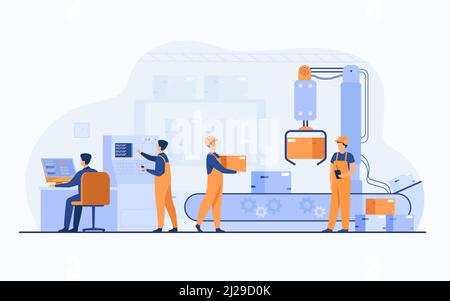 Fabrikarbeiter und Roboterarm, der Pakete von der Förderlinie entfernt. Techniker mit Computer und Betriebsprozess. Vektorgrafik für Unternehmen, Stock Vektor