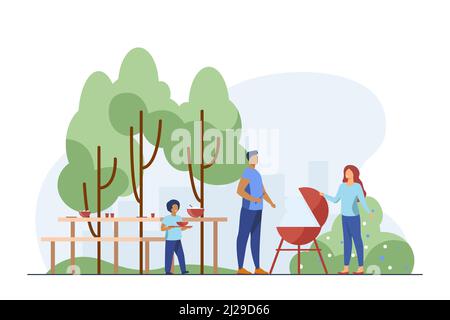 Vater Kochen Grill auf Picknick. Park, Natur, Lebensmittel flach Vektor-Illustration. Familien- und Wochenend-Konzept für Banner, Website-Design oder Landing Web p Stock Vektor