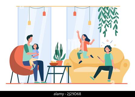 Vater unterhaltsam drei Kinder zu Hause. Glückliche Kinder spielen Spiele und Spaß mit ihrem Vater. Flache Vektordarstellung für alleinerziehende Eltern, Familie Stock Vektor