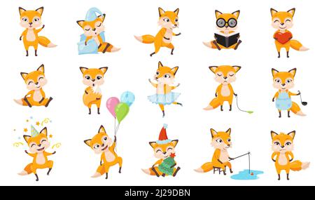 Lustige Füchse Set. Cute Cartoon Tier in verschiedenen Posen und Aktionen, Rotfuchs schlafen, Kochen, Wandern, Angeln, Buch lesen, Geburtstag feiern. Stock Vektor