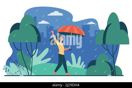 Glückliche Frau zu Fuß in regnerischen Tag mit Regenschirm isoliert flache Vektor-Illustration. Cartoon weibliche Figur im Freien und Herbstregen. Querformat A Stock Vektor