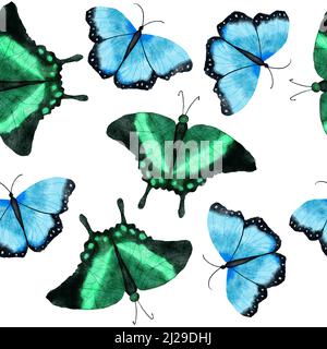 Aquarell handgezeichnetes nahtloses Muster mit Schmetterling Libelle Motten Insekten. Helle bunte blau grün orange Schmetterlinge wild Tierwelt Natur Hintergrund-Design für Textil-Tapete Stockfoto