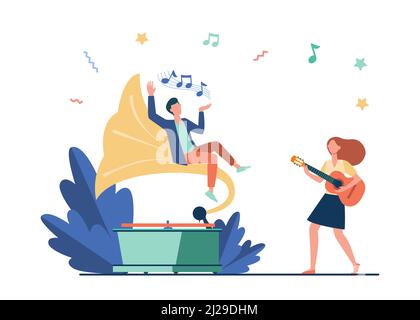 Guy hört Musik auf Retro-Grammophon. Mädchen spielen Gitarre und singen flache Vektor-Illustration. Unterhaltung, Performance, Freizeitkonzept für b Stock Vektor