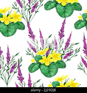 Handgezeichnetes Aquarell nahtloses Muster mit Wildblumen aus dem Fluss, floraler Wildlife natürlicher Hintergrund mit violettem Feuerweed gelbem trollius grünes Blatt Blätter Wiese Design Stockfoto