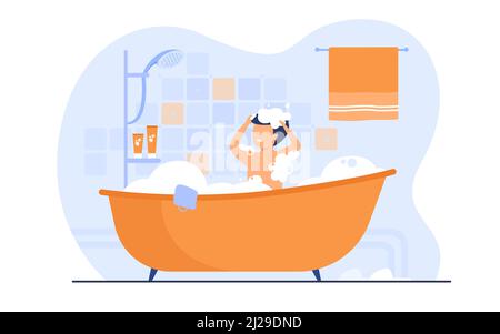 Mann mit Dusche oder Badewanne, sitzt in der Badewanne mit Schaum, Haare waschen. Vektor-Illustration für Bad, Körperhygiene, Entspannung, Morgenkonzept Stock Vektor