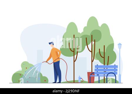 Mann mit Schlauch Bewässerung Busch im Stadtpark. Gärtner, Staatsarbeiter, kommunaler Dienst flache Vektor-Illustration. Urban Greening, Landschaftsbau Arbeitskonzept Stock Vektor