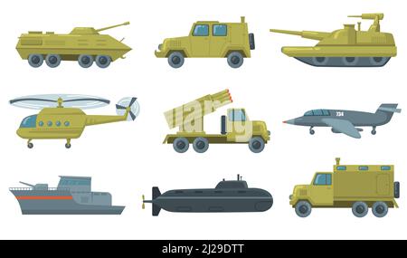 Militärischer Transportsatz. Luftwaffe Jet, U-Boot, Hubschrauber, LKW, Panzertank isoliert auf weißem Hintergrund. Vektorgrafiken für Armeefahrzeuge, Stock Vektor