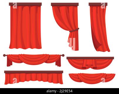 Bühne rote Vorhänge flach Set für Web-Design. Cartoon Stoff für Hintergrund Draperie in Film oder Oper Vektor Illustration Sammlung. Fenstervorrat und Stock Vektor