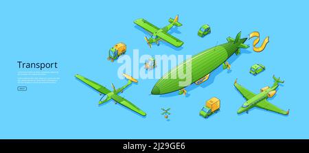 Transportplakat mit Flugzeugen, Blimp, LKW, Auto, Kehrmaschine, Drohnen und Gabelstapler. Vektor-Banner mit isometrischer Darstellung von Propellerflugzeugen, Mini-Auto, Luftschiff und Transporter Stock Vektor