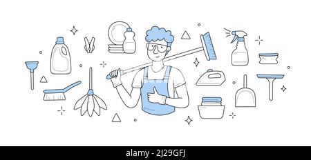 Reinigung und Hausarbeit Doodle Konzept. Mann in Schürze, Brille und Gummihandschuhen mit Bürste. Reinigungsflasche, Reinigungsspray, glitzerndes Geschirr, Schaufel, Bügeleisen, Plunger, Line Art Vektorgrafik Stock Vektor