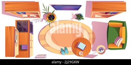Set aus Studio, Wohnzimmer und Küchenmöbeln Draufsicht. Sofa, Couchtisch, Fernseher an der Wand, Bücherregale aus Holz, Schreibtisch mit Backofen, Stehlampe, Topfpflanzen und Teppich, Cartoon-Vektor-Ikonen Stock Vektor