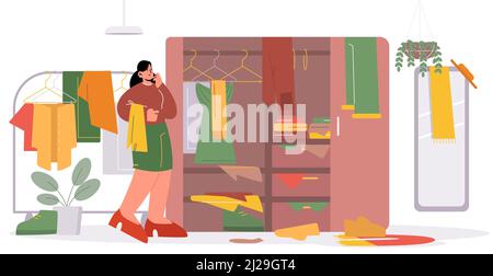 Frau wählen Sie Kleidung im Kleiderschrank. Vector flache Illustration von begehbarem Kleiderschrank mit Schrank, Kleiderbügel Rack, Spiegel und verstreut unordentlich Kleidung und Accessoires. Mädchen in der Garderobe mit Unordnung Stock Vektor