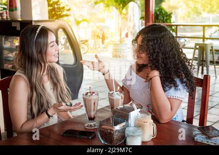 Zwei niedliche Mädchen, die in einem Café ein Gespräch führen, zwei Freundinnen, die in einem Café über Ideen diskutieren Stockfoto