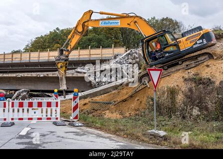 Baustelle, Bagger mit Abbruchhammer Abriss einer baufälligen Brücke einer Bundesstraße, Freising, Oberbayern, Bayern, Deutschland Stockfoto