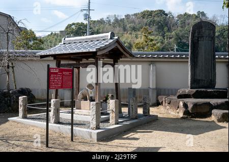 Eine Statue eines Yukimaru-Hundes im buddhistischen Tempel Darumaji in Oji, Präfektur Nara, Japan. Stockfoto