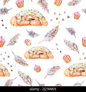 Nahtloser Valentinstag Hintergrund mit Federn, Katzen, Cupcakes Stockfoto