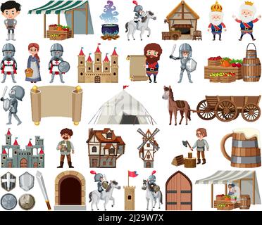Mittelalterliche Figuren Gebäude Set Illustration Stock Vektor