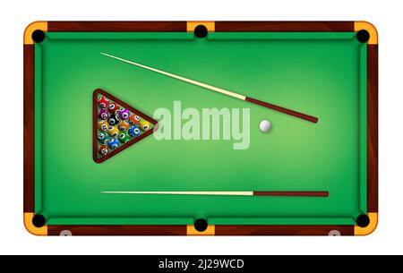 Billard Green Table Ansicht mit Kugeln und Queue-Sticks. Realistisches amerikanisches Poolspiel Filz Feld für Glücksspiel Sport Turnier Vektor-Konzept Stock Vektor