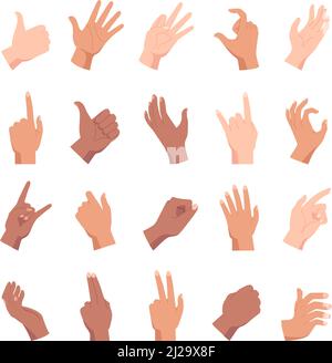 Cartoon Hand Posen, halten, zeigen und wie Geste. Verschiedene Menschen Hände, Fäuste und Handflächen Positionen und Zeichen. Vektor-Set für die Armzahl von Frauen Stock Vektor