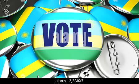 Ruanda and Vote - Dutzende von Pinnback-Tasten mit einer Flagge von Ruanda und einem Wort Vote. 3D Render symbolizing upcoming Vote in this country., 3D illustrati Stockfoto