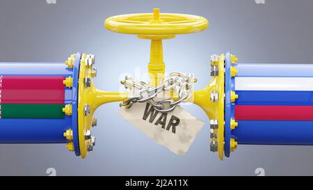 Belarus und Russland Öl- und Gassanktionen, Stand-off und Krieg. Gequetschte Gasleitung symbolisiert das LNG-Embargo, die Krise und bevorstehende Preiserhöhungen., 3D Illust Stockfoto