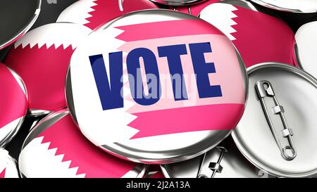 Qatar and Vote - Dutzende von Pinback-Tasten mit einer Flagge von Katar und einem Wort Vote. 3D Render symbolizing upcoming Vote in this country., 3D Illustration Stockfoto