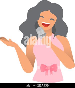 Vektor der Sängerin. Dame singt im Mikrofon-Symbol isoliert auf weißem Hintergrund. Funk- oder Jazz-Musik-Seele. Professionelle weibliche Karaoke-Performerin, Tal Stock Vektor