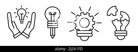 Satz Glühlampen mit Zahnrad- oder Getriebeschild. Symbol für den Ideenumriss. Innovation-Ikone in flachem Stil. Geschäftskonzept Idee. Symbol für Vektorkontur Stock Vektor