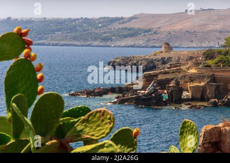 Die schönsten Dörfer Italiens: Santa Cesarea Terme (Apulien). Das elegante orientalische Profil der Stadt blickt auf die Adria. Stockfoto