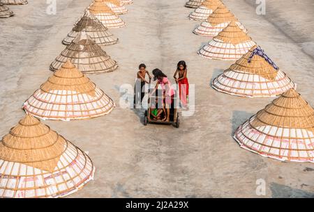 Brahmanbaria, Chittagong, Bangladesch. 31. März 2022. Kinder laufen und spielen zwischen Hunderten traditioneller Reismühlen aus Bambus.nach dem Kochen wird das Getreide von Arbeitern in Haufen gefegt und bis zu acht Stunden lang in Brahmanbaria, Bangladesch, getrocknet. Die Reismühlenarbeiter begannen ihre Arbeit von sehr früh morgens von 5 bis 2pm Uhr täglich. Nach der Mittagspause spielen die Kinder der Arbeiter ihre Nachmittagsspiele mit Freunden in diesem Reismühlenfeld. (Bild: © Mustasinur Rahman Alvi/ZUMA Press Wire) Bild: ZUMA Press, Inc./Alamy Live News Stockfoto