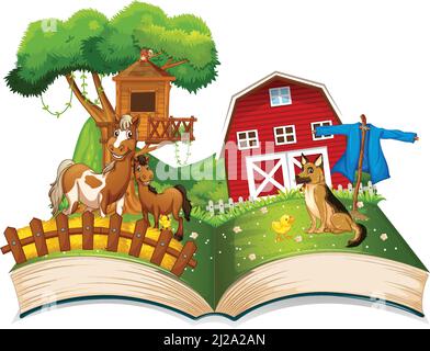 Öffnen Sie Buch Bauernhof Thema auf weißem Hintergrund Illustration Stock Vektor