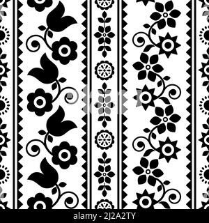 Polnische traditionelle Volkskunst Vektor nahtlose Textil- oder Stoffdruck Muster in schwarz und weiß, florale Stickerei Lachy Sadeckie Stock Vektor