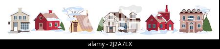 Dorf moderne Häuser im Winter kaltes Wetter und Schnee Set Vektor-Illustration. Cartoon-Familienhäuser in Schneeverwehungen, Gebäuden und Hütten mit Bäumen Stock Vektor