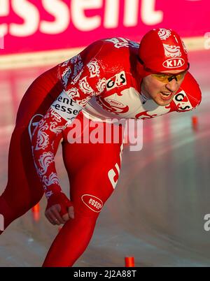 Denis Yuskov tritt bei den Essent European Speed Skating Championships 2012, City Park Ice Rink, Budapest, Ungarn, für Russland an Stockfoto